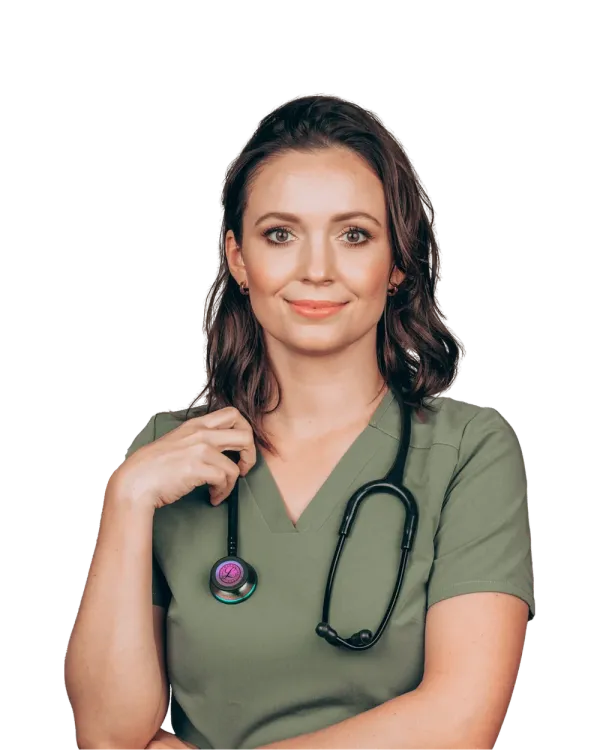 Kasia Wozniak, MD, in a green medical coat